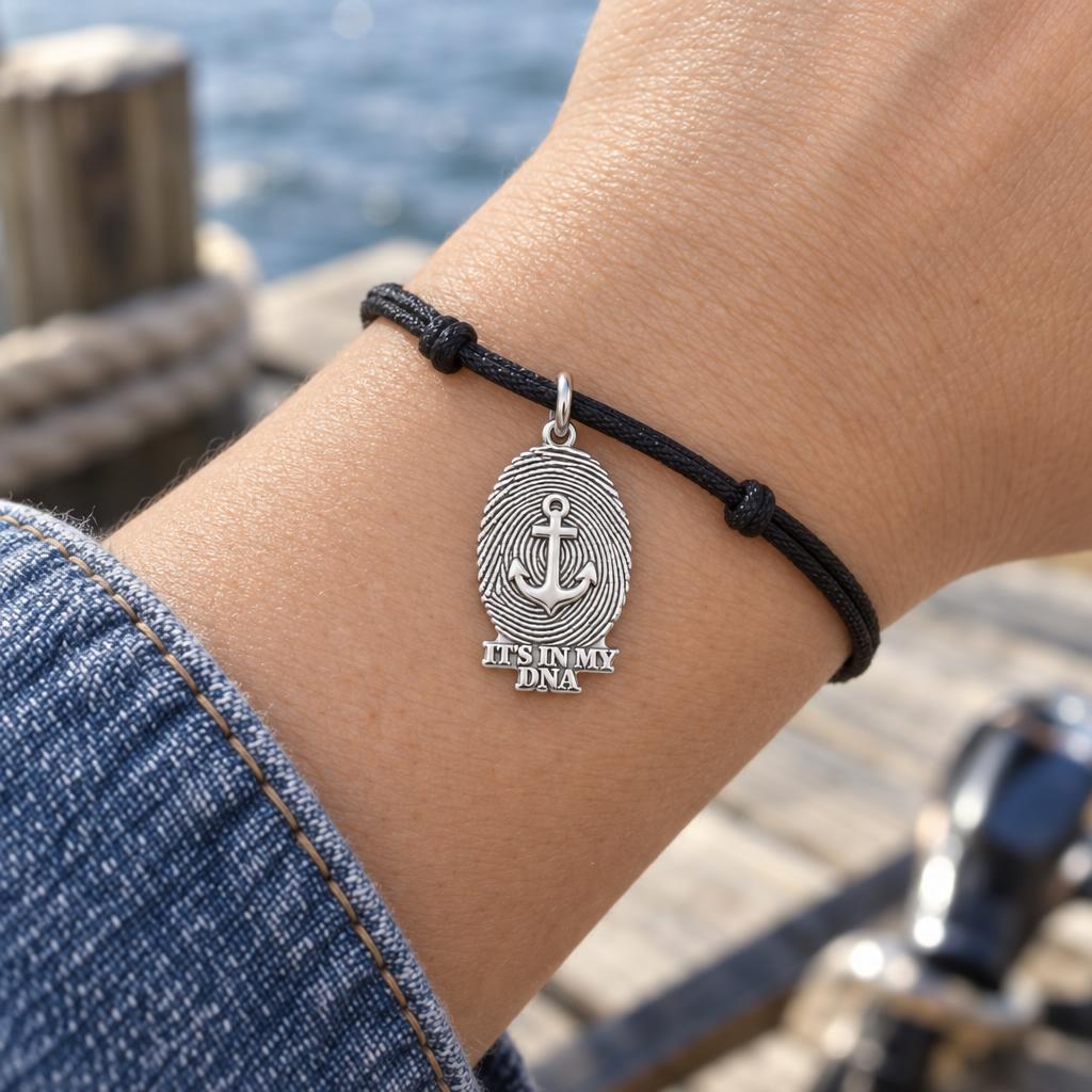 Anchor Fingerprint Charm Bracelet – Personalized Veteran Gift – worn on the wrist on a black cord bracelet