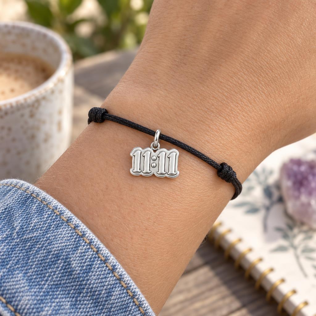 Angel Number Manifest Charm Bracelet – Personalized Bestie Gift – worn on the wrist on a black cord bracelet