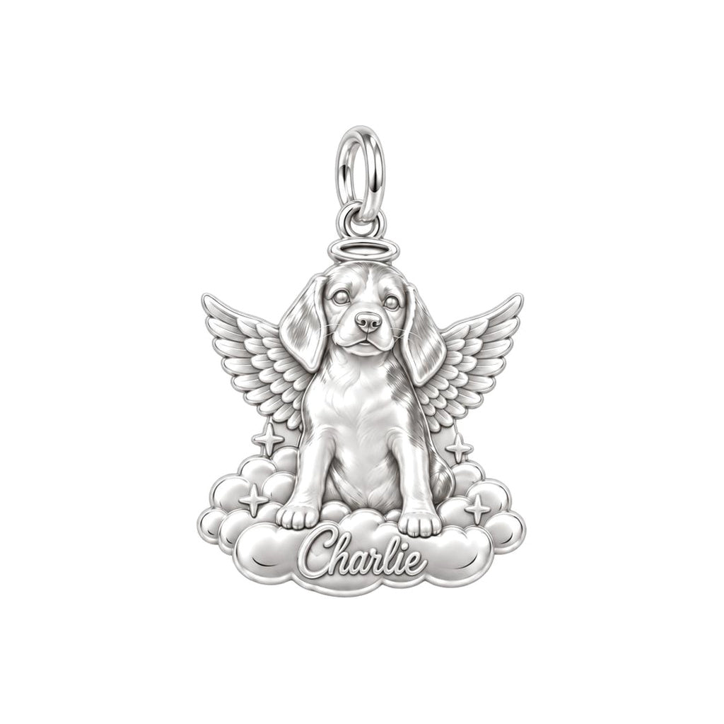 Angel Pup on Clouds Charm Bracelet – Personalized Dog Mom Gift – silver plated 3 cm charm, front view