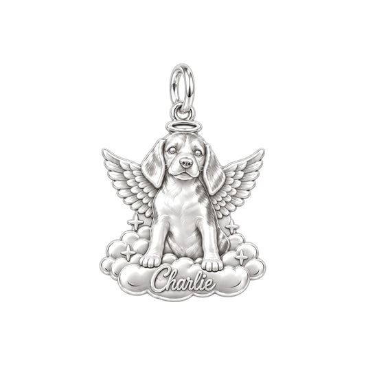 Angel Pup on Clouds Charm Bracelet – Personalized Dog Mom Gift – silver plated 3 cm charm, front view