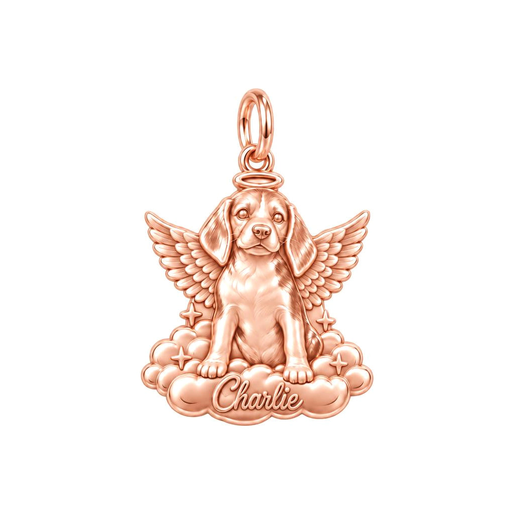 Angel Pup on Clouds Charm Bracelet – Personalized Dog Mom Gift – rose gold 3 cm charm, front view