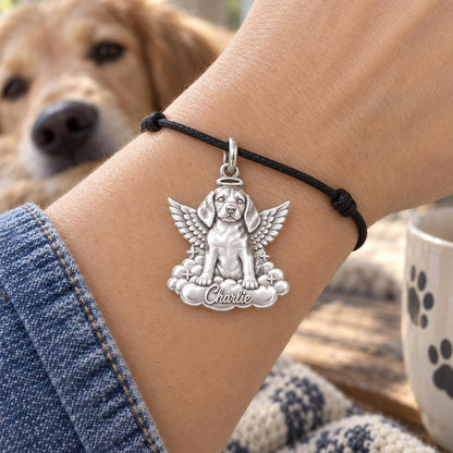 Angel Pup on Clouds Charm Bracelet – Personalized Dog Mom Gift – worn on the wrist on a black cord bracelet