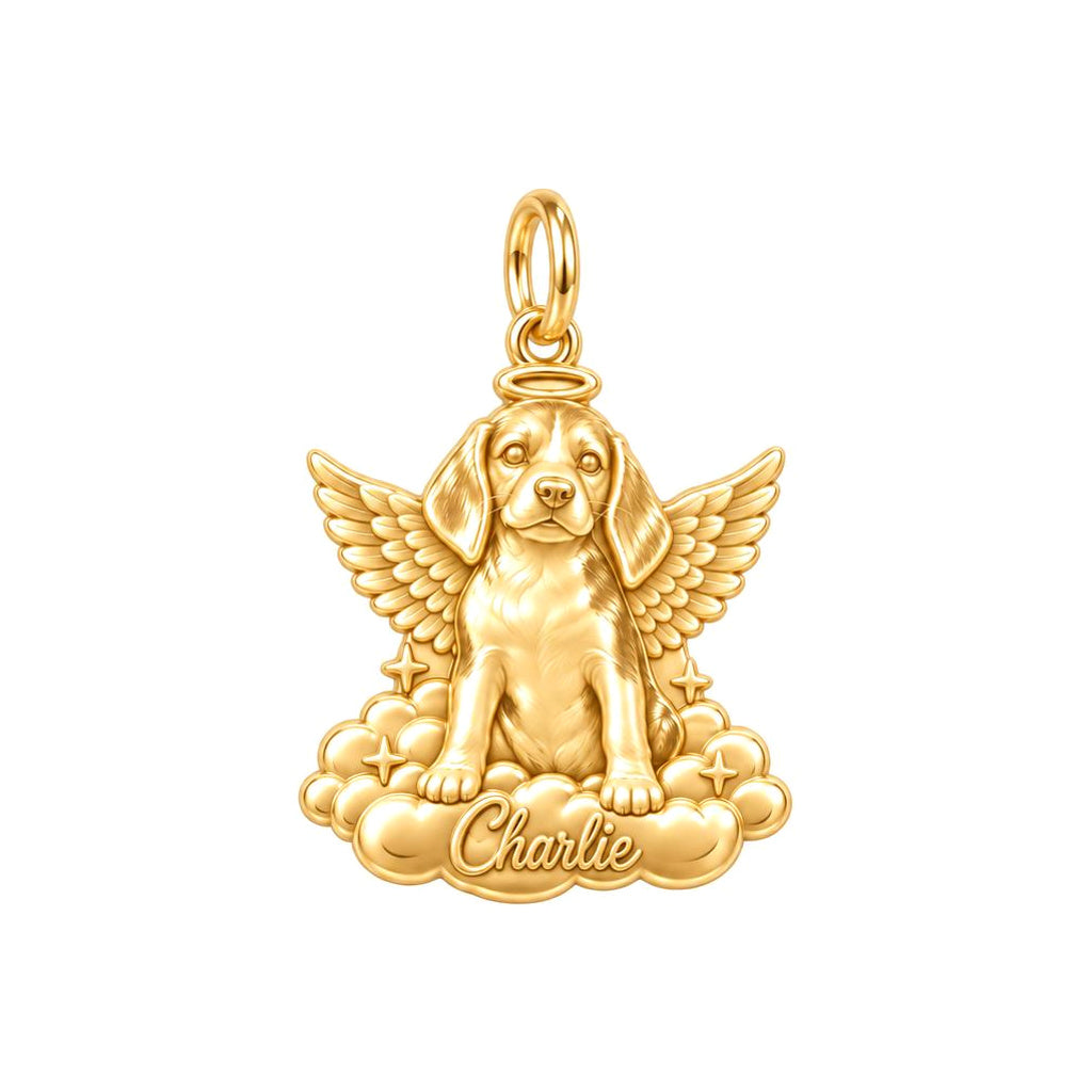Angel Pup on Clouds Charm Bracelet – Personalized Dog Mom Gift – 18K gold plated 3 cm charm, front view