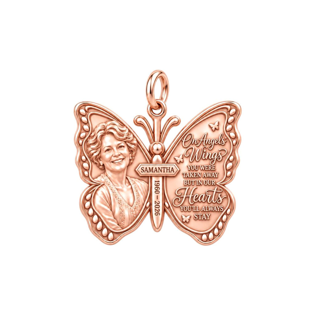 Angel Wings Butterfly Charm Bracelet – Personalized Memorial Gift – rose gold 2 cm charm, front view
