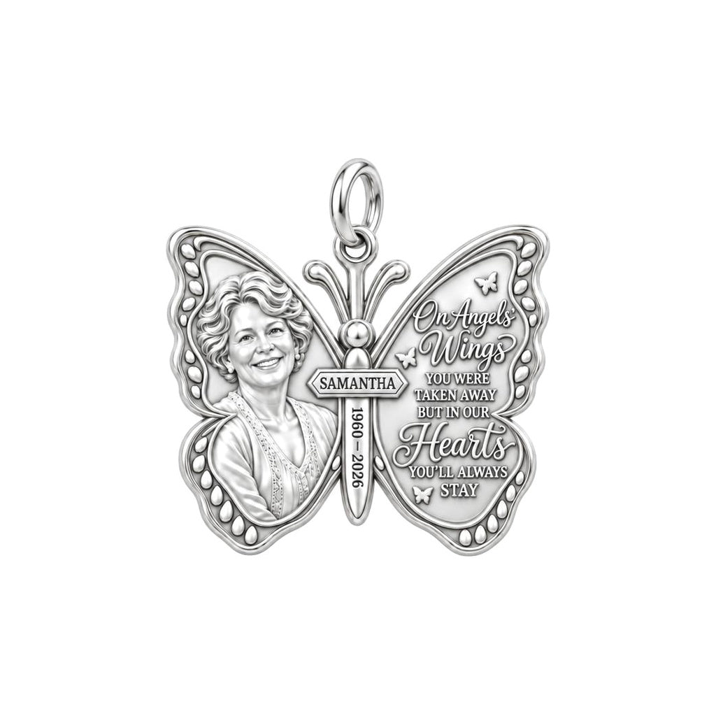 Angel Wings Butterfly Charm Bracelet – Personalized Memorial Gift – silver plated 2 cm charm, front view