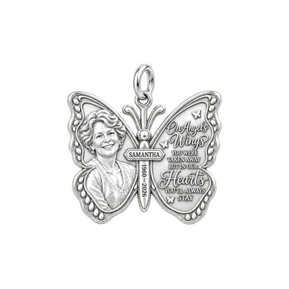 Angel Wings Butterfly Charm Bracelet – Personalized Memorial Gift – silver plated 2 cm charm, front view