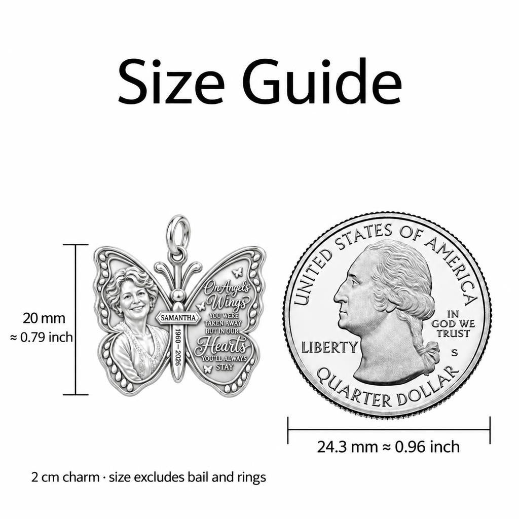 Angel Wings Butterfly Charm Bracelet – Personalized Memorial Gift – size guide, 2 cm charm next to a quarter