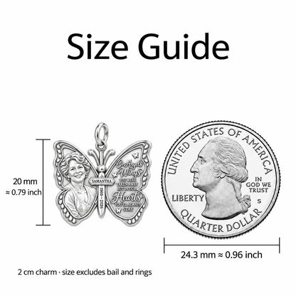 Angel Wings Butterfly Charm Bracelet – Personalized Memorial Gift – size guide, 2 cm charm next to a quarter