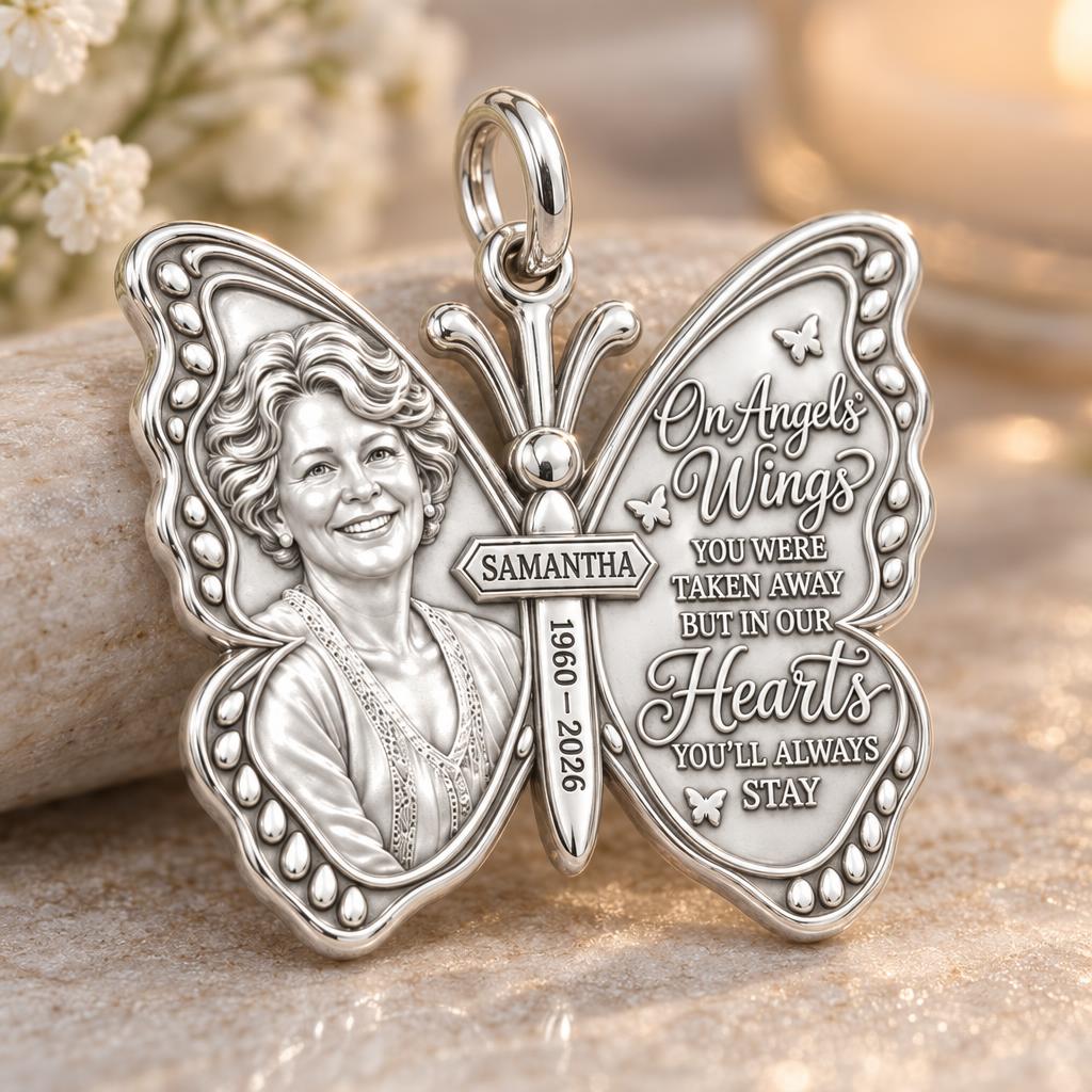 Angel Wings Butterfly Charm Bracelet – Personalized Memorial Gift – macro detail of the charm