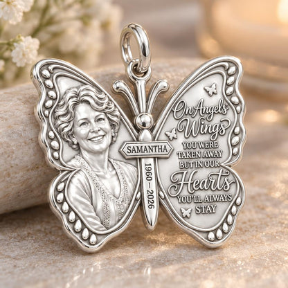 Angel Wings Butterfly Charm Bracelet – Personalized Memorial Gift – macro detail of the charm