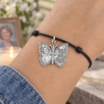 Angel Wings Butterfly Charm Bracelet – Personalized Memorial Gift – worn on the wrist on a black cord bracelet