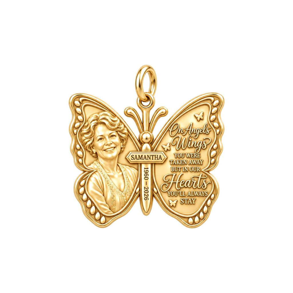 Angel Wings Butterfly Charm Bracelet – Personalized Memorial Gift – 18K gold plated 2 cm charm, front view