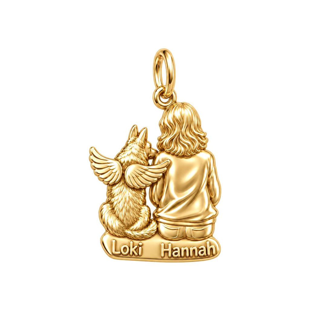Angel Wings Companion Charm Bracelet – Personalized Dog Mom Gift – 18K gold plated 3 cm charm, front view