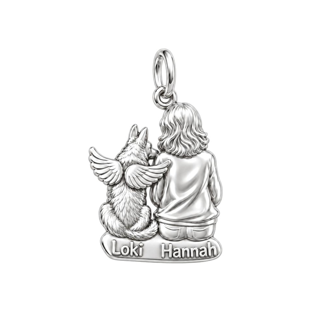 Angel Wings Companion Charm Bracelet – Personalized Dog Mom Gift – silver plated 3 cm charm, front view
