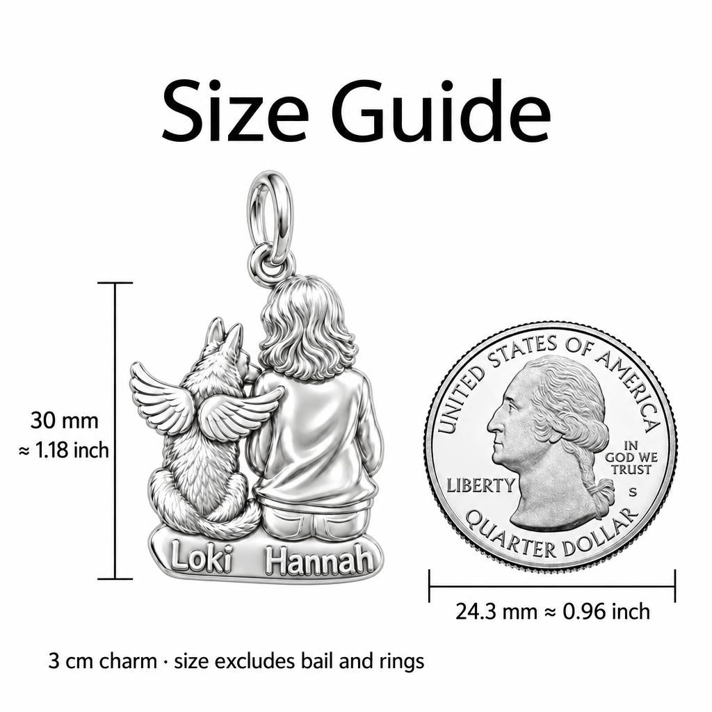 Angel Wings Companion Charm Bracelet – Personalized Dog Mom Gift – size guide, 3 cm charm next to a quarter