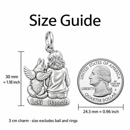 Angel Wings Companion Charm Bracelet – Personalized Dog Mom Gift – size guide, 3 cm charm next to a quarter