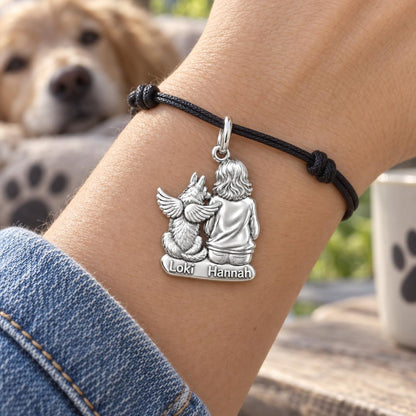 Angel Wings Companion Charm Bracelet – Personalized Dog Mom Gift – worn on the wrist on a black cord bracelet