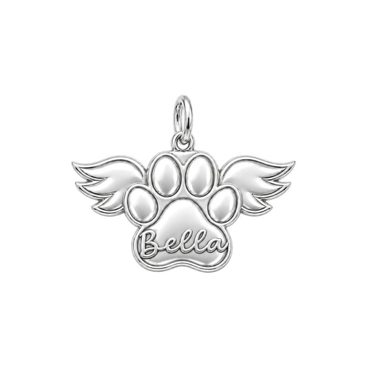 Angel Wings Paw Charm Bracelet – Personalized Dog Mom Gift – silver charm, front view