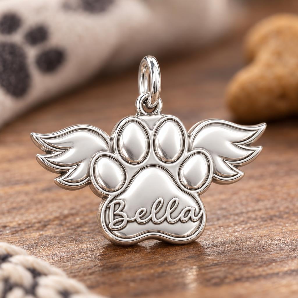 Angel Wings Paw Charm Bracelet – Personalized Dog Mom Gift – macro detail of the charm