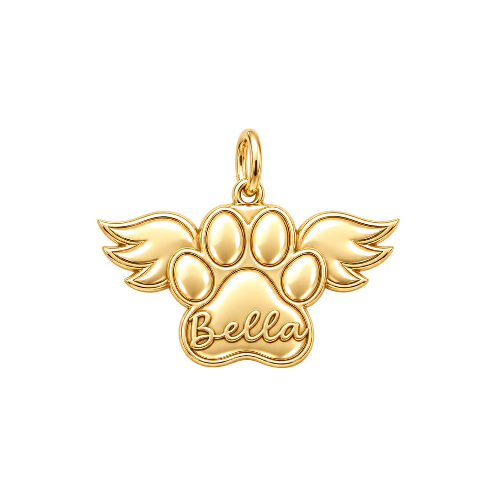 Angel Wings Paw Charm Bracelet – Personalized Dog Mom Gift – 18K gold charm, front view