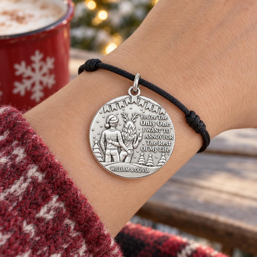 Annoy You Forever Charm Bracelet – Personalized Couple Gift – worn on the wrist on a black cord bracelet