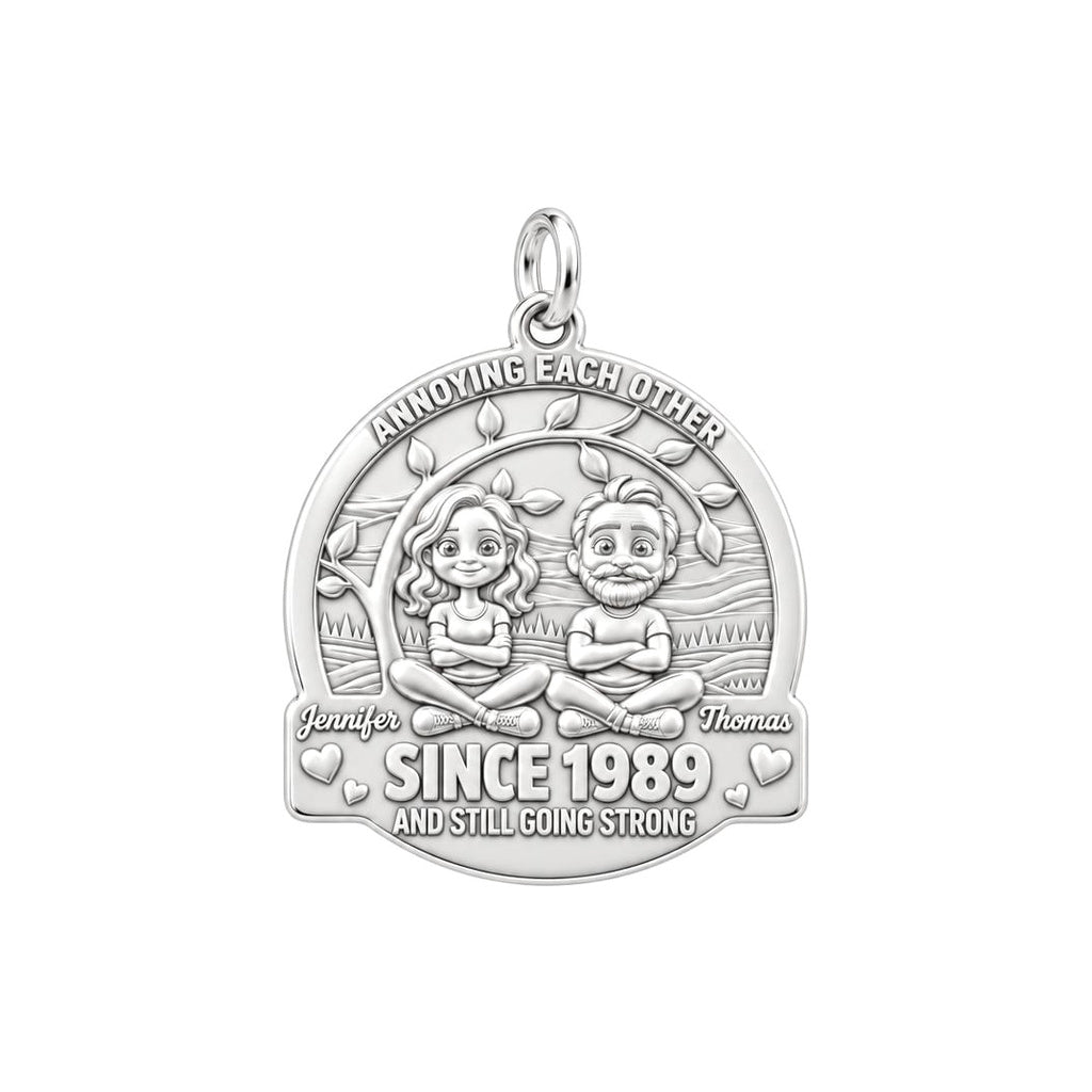Annoying Each Other Couple Charm and Polyester Cord Bracelet Set – silver plated 3 cm charm, front view