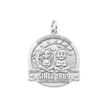Annoying Each Other Couple Charm and Polyester Cord Bracelet Set – silver plated 3 cm charm, front view