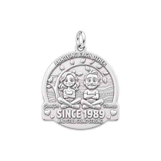 Annoying Each Other Couple Charm and Polyester Cord Bracelet Set – silver plated 3 cm charm, front view