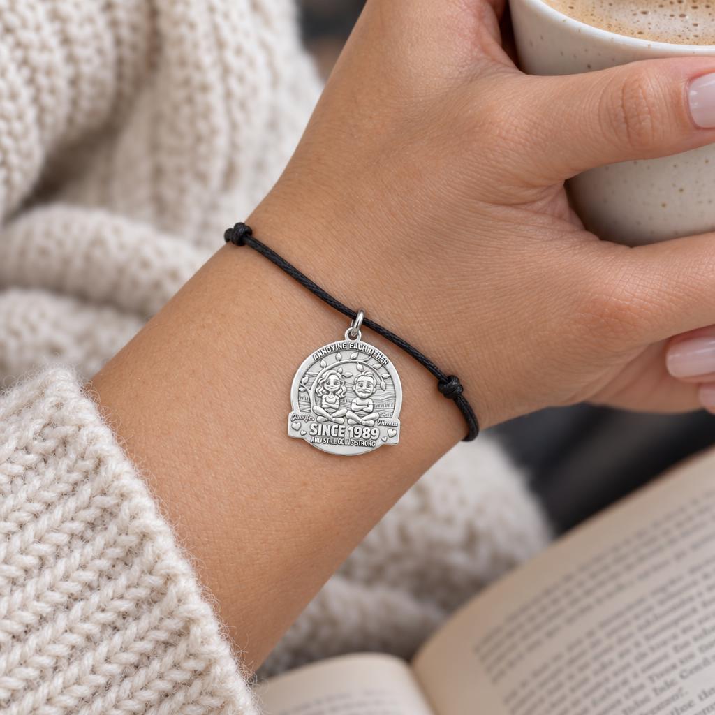 Annoying Each Other Couple Charm and Polyester Cord Bracelet Set – worn on the wrist on a black cord bracelet