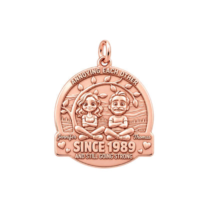 Annoying Each Other Couple Charm and Polyester Cord Bracelet Set – rose gold 3 cm charm, front view
