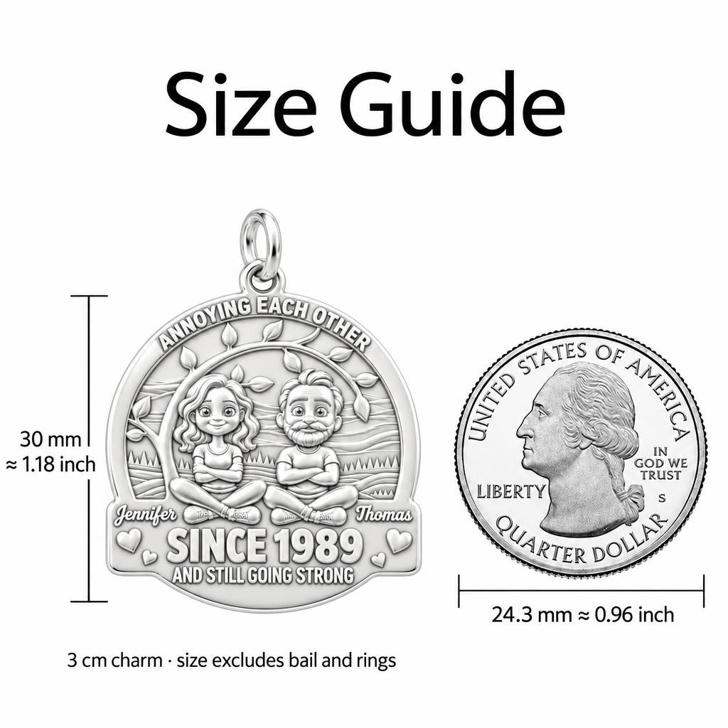 Annoying Each Other Couple Charm and Polyester Cord Bracelet Set – size guide, 3 cm charm next to a quarter