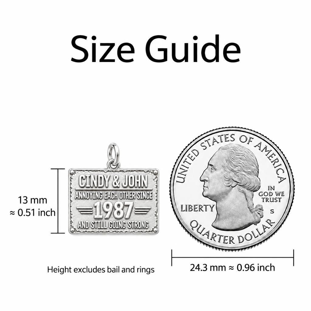 Annoying Each Other Since Charm Keychain – size guide, 13 mm charm next to a quarter