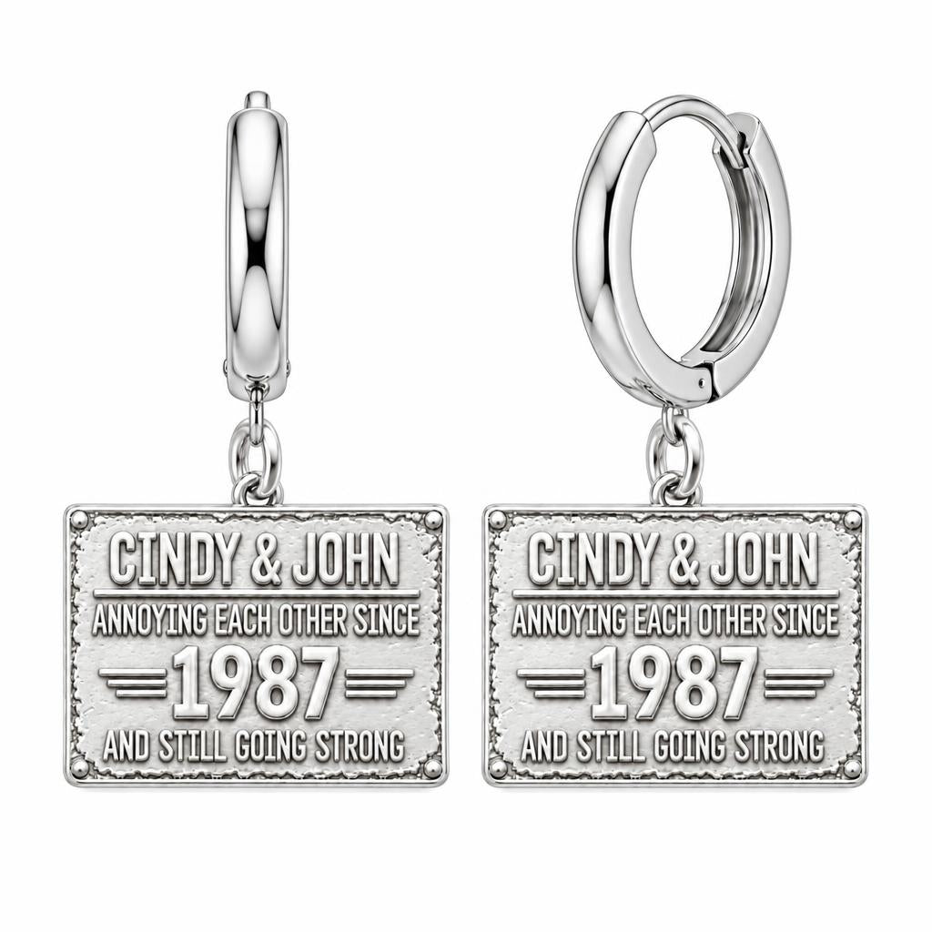 Annoying Each Other Since Huggie Charm Earrings – silver, front view