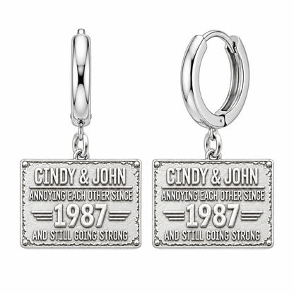 Annoying Each Other Since Huggie Charm Earrings – silver, front view