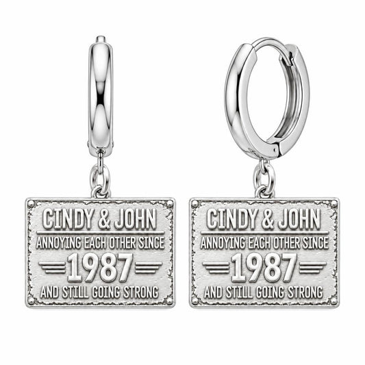 Annoying Each Other Since Huggie Charm Earrings – silver, front view