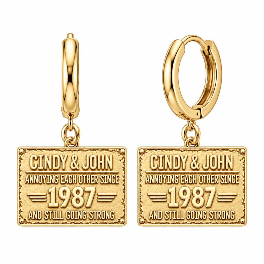 Annoying Each Other Since Huggie Charm Earrings – 18K gold, front view