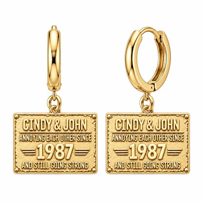 Annoying Each Other Since Huggie Charm Earrings – 18K gold, front view