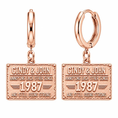 Annoying Each Other Since Huggie Charm Earrings – rose gold, front view