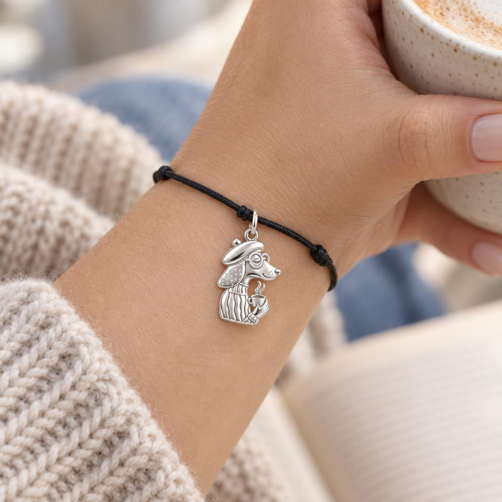 Artisan Poodle With Coffee Charm and Polyester Cord Bracelet Set