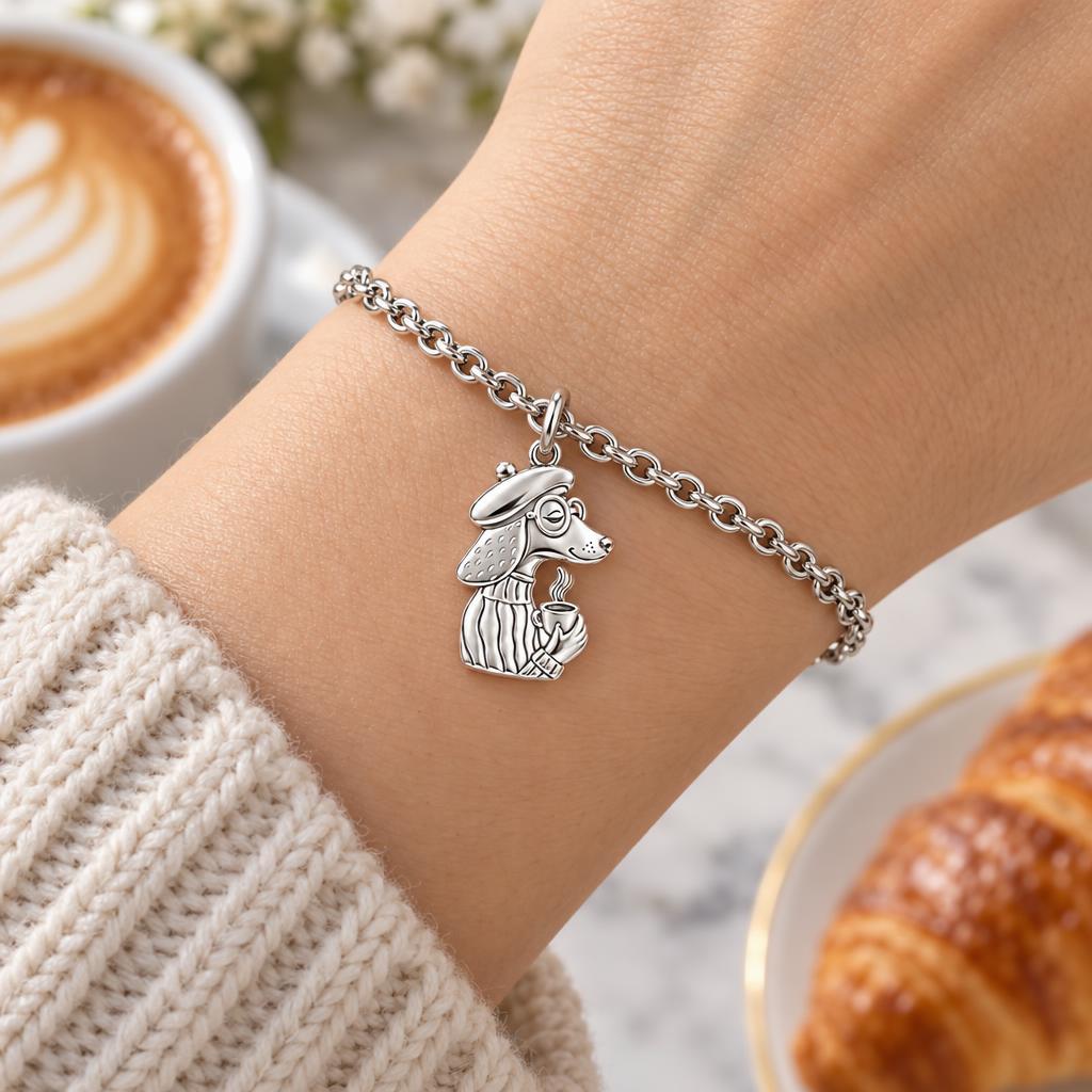 Artisan Poodle With Coffee Charm Bracelet Set – worn / in use
