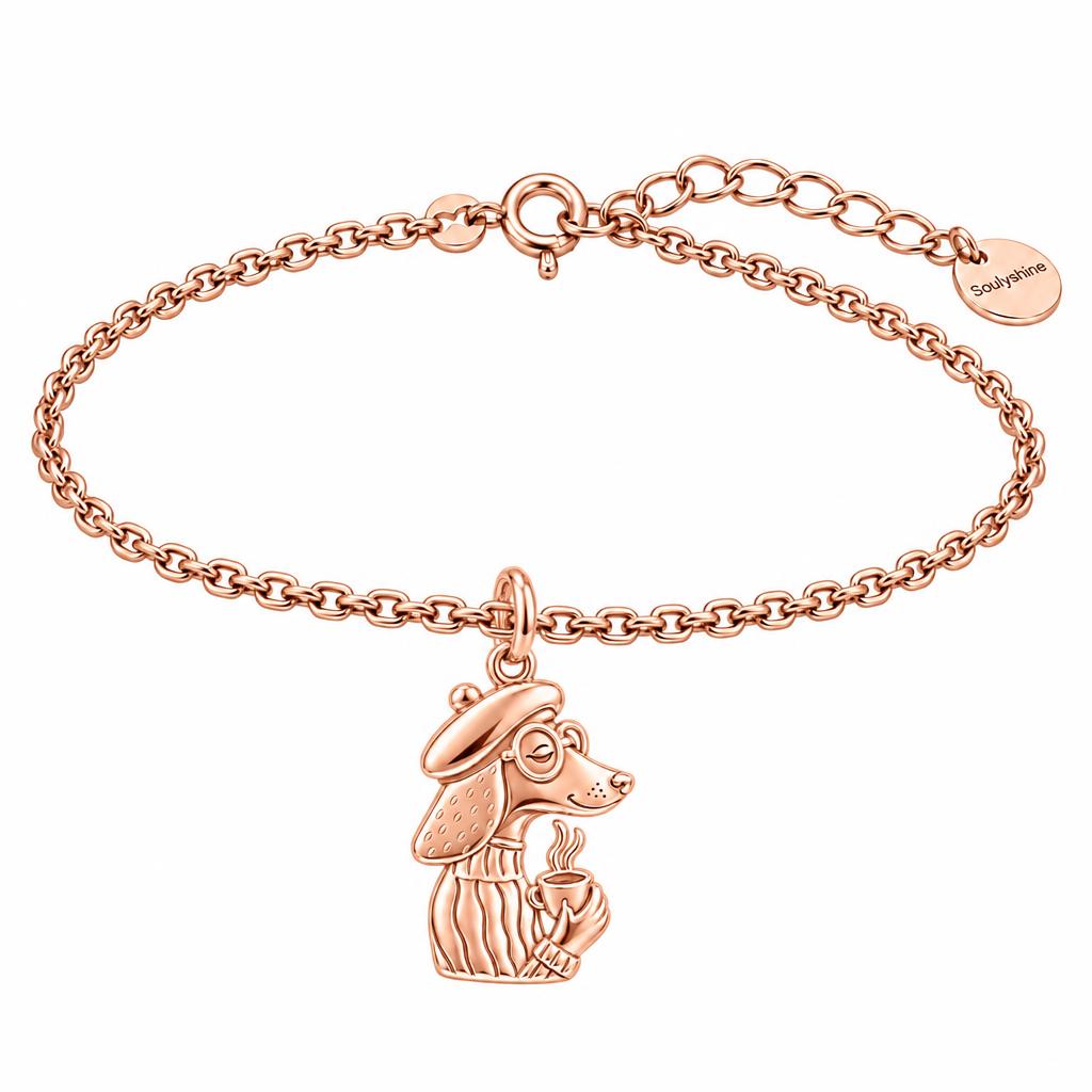 Artisan Poodle With Coffee Charm Bracelet Set – rose gold, front view