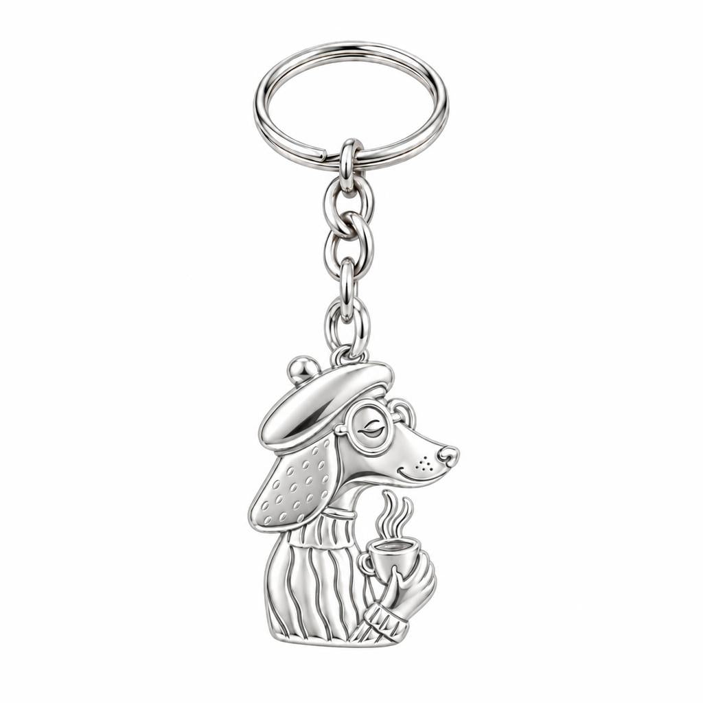 Artisan Poodle With Coffee Charm Keychain – silver, front view