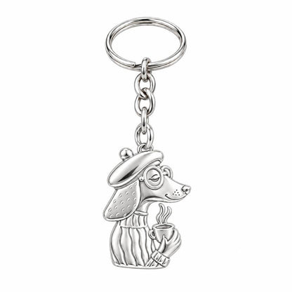 Artisan Poodle With Coffee Charm Keychain – silver, front view
