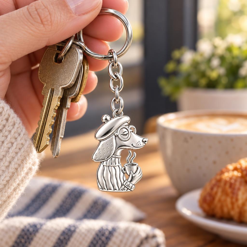 Artisan Poodle With Coffee Charm Keychain – worn / in use