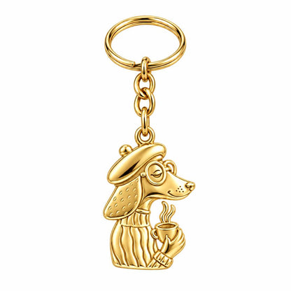 Artisan Poodle With Coffee Charm Keychain – 18K gold, front view