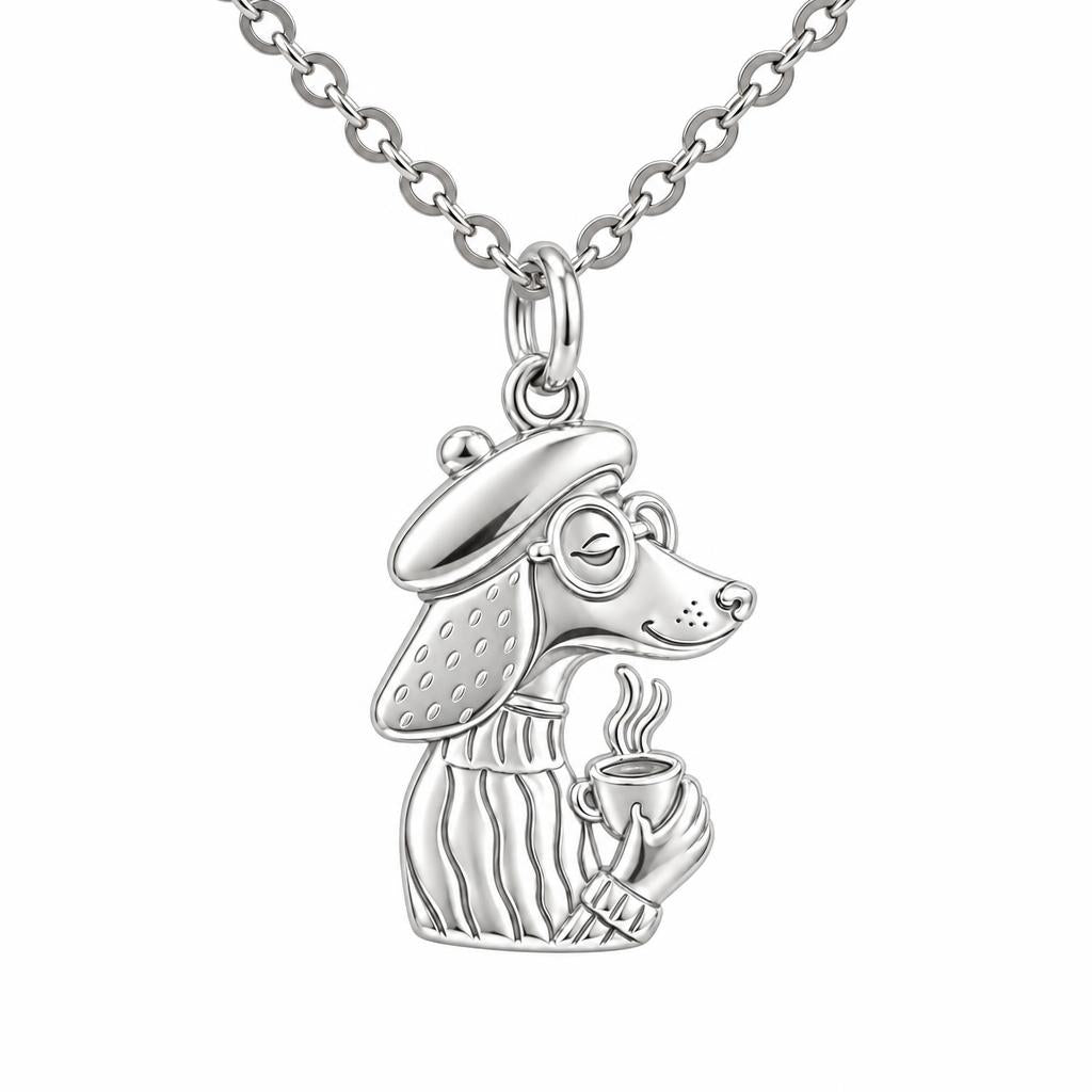 Artisan Poodle With Coffee Charm Necklace Set – silver, front view