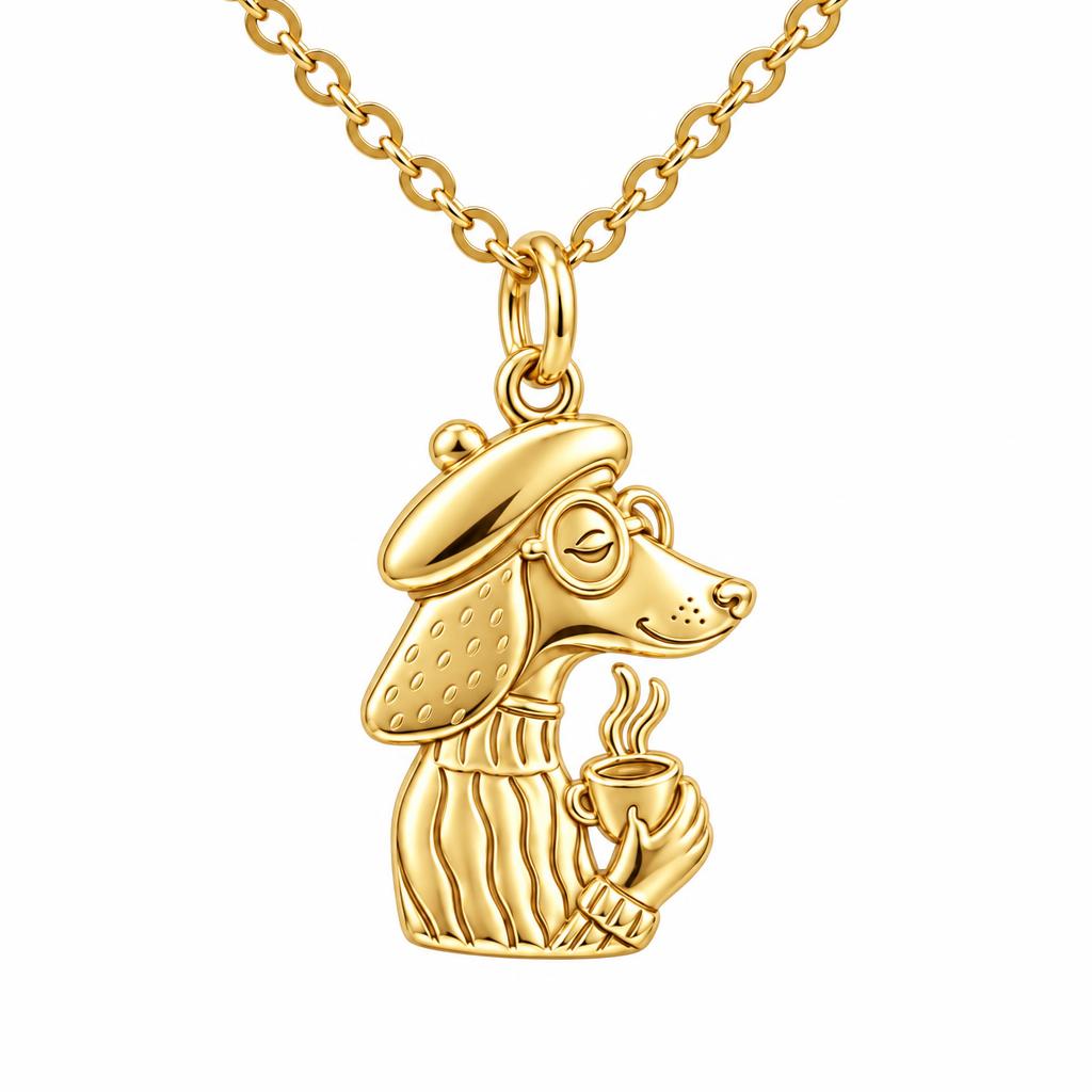 Artisan Poodle With Coffee Charm Necklace Set – 18K gold, front view