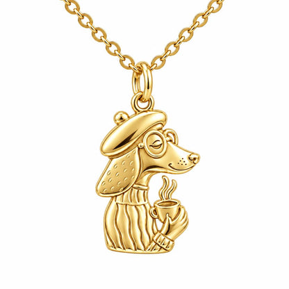 Artisan Poodle With Coffee Charm Necklace Set – 18K gold, front view