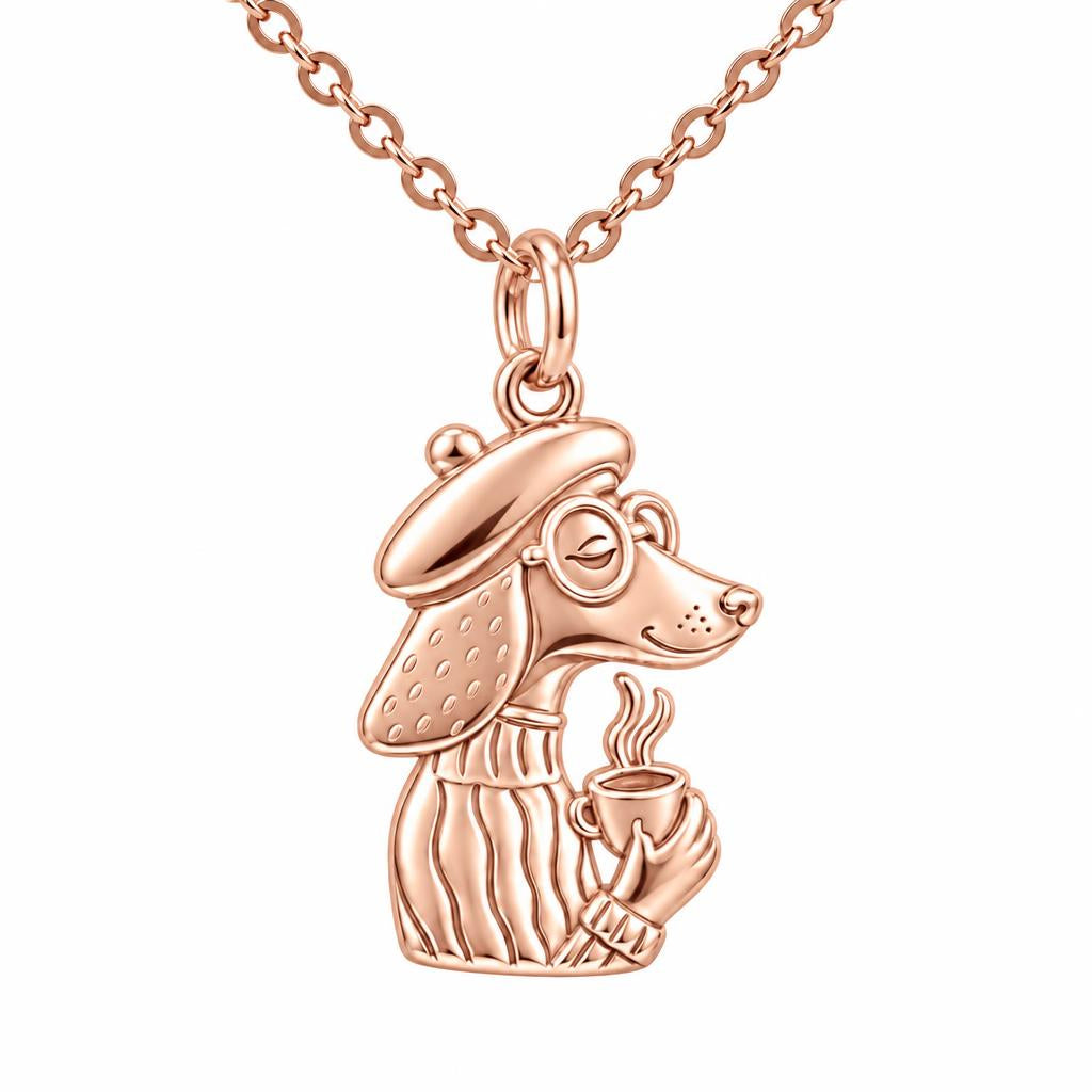 Artisan Poodle With Coffee Charm Necklace Set – rose gold, front view