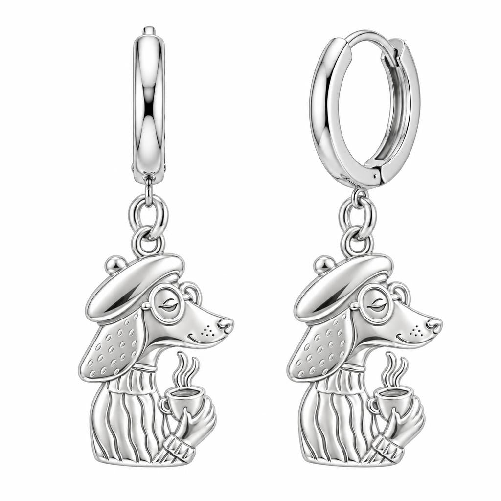 Artisan Poodle With Coffee Huggie Charm Earrings – silver, front view